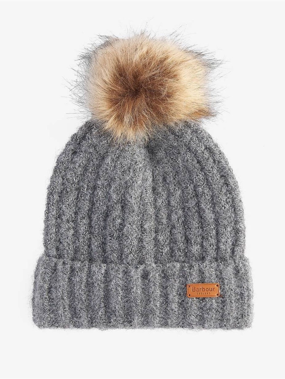 Barbour Saltburn Beanie Gray Knit Pom Hat with Faux Fur Pom Logo Patch Textured